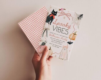 Hand Drawn Vintage Halloween Party Invitation, Retro Orange Pumpkin Pink Bow Invite, Girly Spooky Vibes, Canva Template