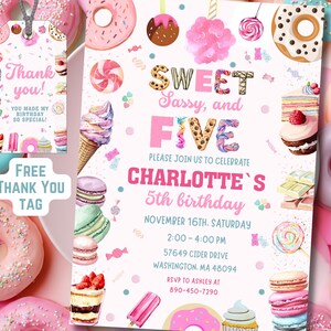May include: A pink and white birthday party invitation with the text "Sweet, Sassy, and Five" and "Charlotte's 5th birthday." The invitation includes illustrations of donuts, ice cream cones, and macarons. A matching thank you tag is also included.