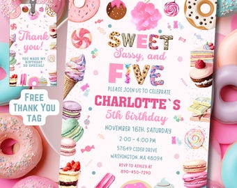 Candy Land 5th Birthday Invitation, Sweet Sassy Five Invite, Girl Donut Dessert Party