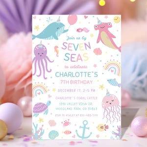 Editable Seven Seas 7th Birthday Invitation, Sea Creatures, Turtle Jellyfish Octopus Digital Canva