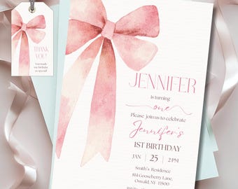 Editable 1st Pink Bow Girl Birthday Invitation, Minimalist First Invite, Coquette Party, Canva