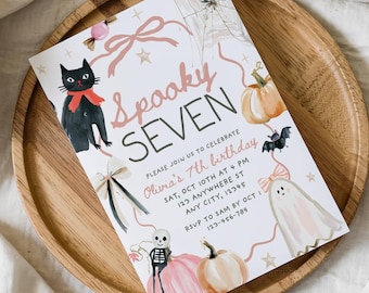 Invito di compleanno per bambina di 7 anni a tema Halloween, modificabile, con fiocco arancione e rosa, zucca e tema vintage disegnati a mano, Boo Day, modello Canva.