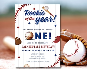 Invitación para el primer cumpleaños de béisbol, invitación para fiesta deportiva, Novato del Año, Canva