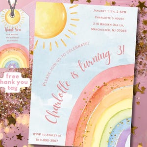 Rainbow Birthday Invitation, Girl Watercolor Invite, Pastel Magic Rainbow Party, Colorful Printable Digital Download image 6