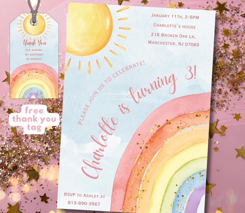 Rainbow Birthday Invitation, Girl Watercolor Invite, Pastel Magic Rainbow Party, Colorful Printable Digital Download image 6