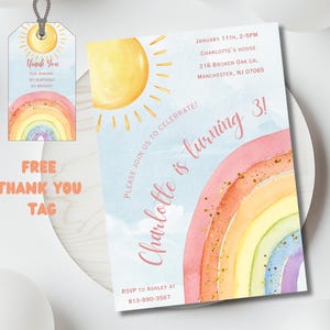 Rainbow Birthday Invitation, Girl Watercolor Invite, Pastel Magic Rainbow Party, Colorful Printable Digital Download image 4