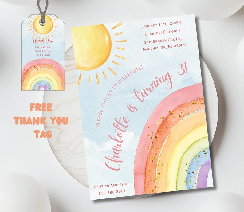 Rainbow Birthday Invitation, Girl Watercolor Invite, Pastel Magic Rainbow Party, Colorful Printable Digital Download image 4