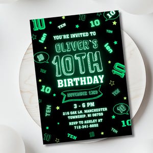 Neon Grün 10.Geburtstag einladen Vorlage, 10.Geburtstag einladen, Printable Lets Glow Crazy, Glow in the dark, Glow Party
