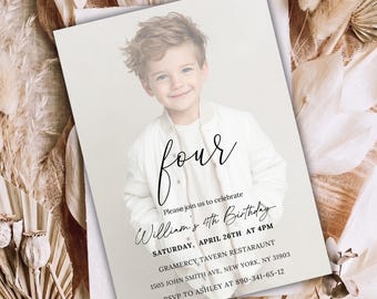 Editable 4th Birthday Photo Invitation, Minimalist Fourth Invite, Modern Party Card, Digital Download, Canva Template