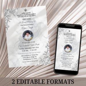 May include: A digital invitation for a memorial service, featuring text in English and Punjabi. The design includes floral accents and a portrait of Aryan Singh. The invitation is shown on paper and a smartphone.