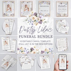 May include: A selection of funeral templates in a dusty lilac theme. The templates include programs, memorial cards, and thank you notes. The design features floral accents and the text "Dusty Lilac Funeral Bundle".