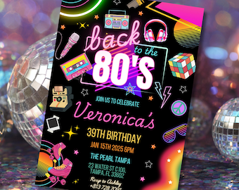 Convite de aniversário editável com tema dos anos 80, festa nostálgica, convite digital digital com efeito neon retrô.