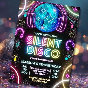 Neon Silent Disco Ball Party Birthday Invitation, Silence Dance Gender Neutral Lets Glow Crazy