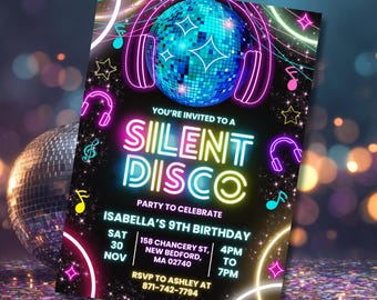 Neon Silent Disco Ball Party Birthday Invitation, Silence Dance Gender Neutral Lets Glow Crazy