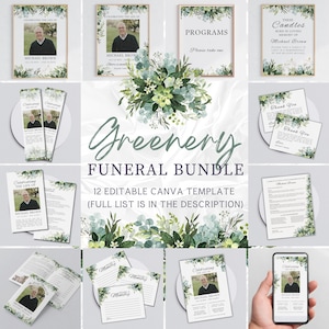 Puede incluir: Un conjunto de plantillas funerarias con temática de vegetación. Las plantillas incluyen tarjetas conmemorativas, programas y una exhibición de velas. El texto incluye "Celebrating the Life of Michael Brown" y tarjetas de "Gracias". El paquete es una plantilla de Canva.