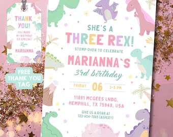Pastel Dinosaur Birthday Invitation, Girl Three Rex Editable Invite, Dino Pink Party, Canva