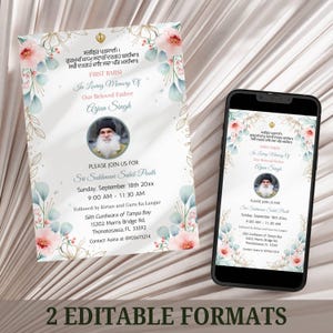 May include: A memorial invitation with floral and gold accents. The text reads "First Barsi In Loving Memory Of Our Beloved Father Arjun Singh." The invitation is shown on paper and a smartphone.