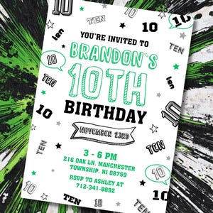 Editable 10th Green Birthday Invitation, Ten Colorful Numbers Invite, Modern Comics Party, Digital