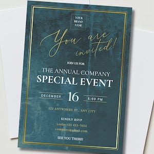 May include: Teal invitation card with gold accents. The text reads "You are invited!" and announces a special event on December 16th at 6:00 PM. Includes RSVP details and a brand name placeholder.