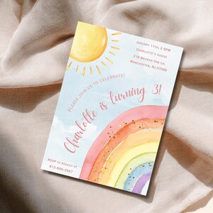 Rainbow Birthday Invitation, Girl Watercolor Invite, Pastel Magic Rainbow Party, Colorful Printable Digital Download image 2