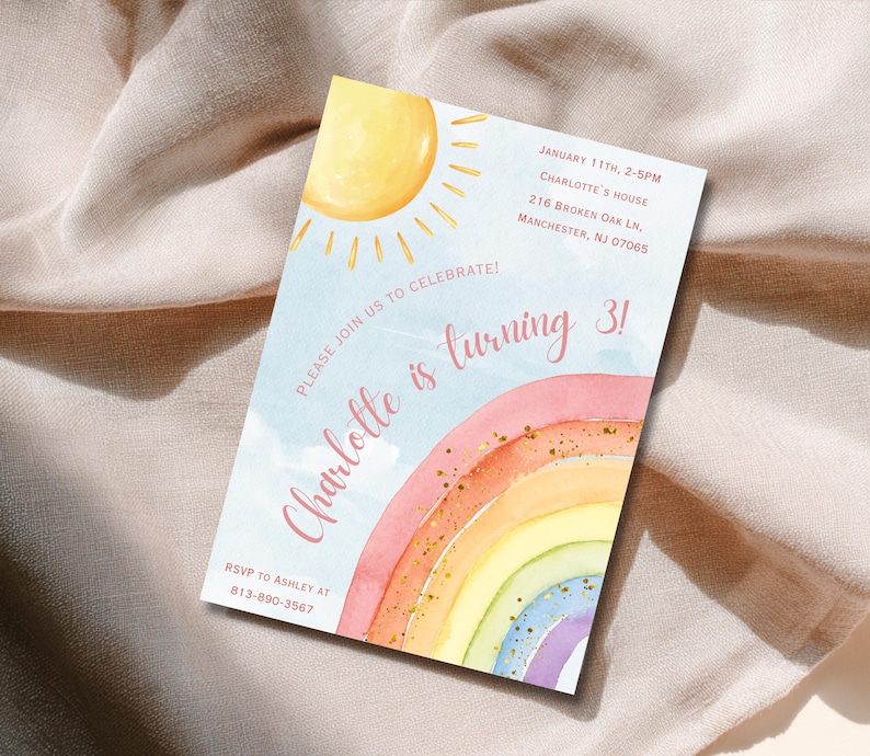 Rainbow Birthday Invitation, Girl Watercolor Invite, Pastel Magic Rainbow Party, Colorful Printable Digital Download image 2