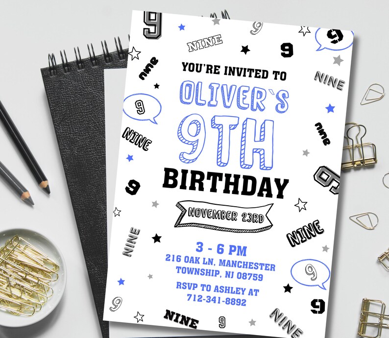 Editable 9th Blue Birthday Invitation, Nine Colorful Numbers White Blue ...
