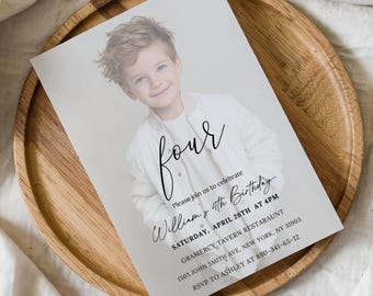 Editable 5th Birthday Photo Invitation, Minimalist Fifth Invite, Modern 5 Party Card, Digital Download, Canva Template