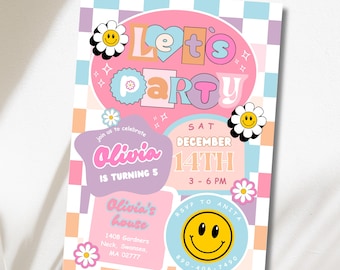 Editable Smiley Face Birthday Invite, Groovy Retro Checkered Emoji Tween Teen Girl Party