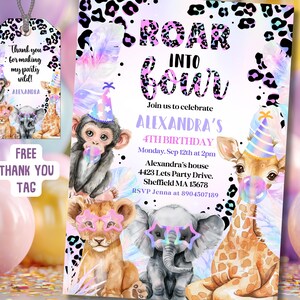 May include: A birthday party invitation with the text "ROAR INTO FOUR" and "ALEXANDRA'S 4TH BIRTHDAY". The invitation features illustrations of a monkey, lion, elephant, and giraffe, all wearing party hats and glasses. A matching thank you tag is also included.