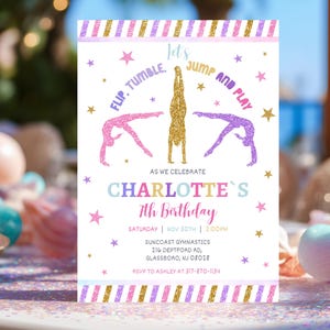 Editable Gymnastics Birthday Invitation, Jump Tumble Play Gym Party Invite, Girls Glitter Pink Invite, Canva Template, Digital Download