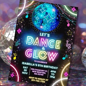 Editable Lets Dance and Glow Birthday Invitation, Disco Music Invite, Neon Dance Party, Lets Glow Crazy, Digital Download, Canva Template