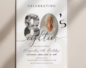 Minimalist Editable 80th Birthday Photo Invitation, Eighties Invite, 80s Party Template, Digital Download, Canva