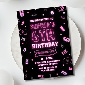 Neon Pink 6th Birthday Invitation Template, Six Birthday, 6th Birthday Invite, Printable Lets Glow Crazy, Glow in the dark, Glow Party