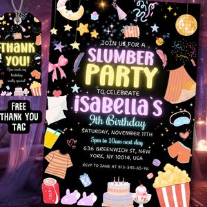 Editable Neon Sleepover Girl Birthday Invitation, Slumber Pajama Party Invite, Tween Night Spa Pastel Card, Digital Download, Canva Template
