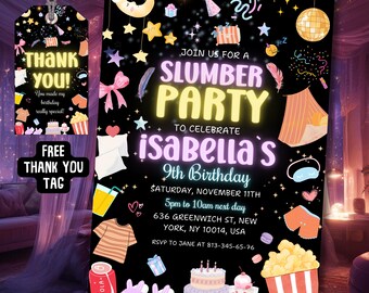 Editable Neon Sleepover Girl Birthday Invitation, Slumber Pajama Party Invite, Tween Spa Night, Canva Template