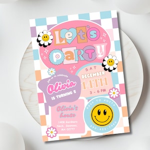 Editable Smiley Face Birthday invite, Groovy Retro Birthday, Checkered Emoji Invite, Tween Birthday, Teen Girl Invite, Any Age Girl Birthday