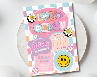 Editable Smiley Face Birthday invite, Groovy Retro Birthday, Checkered Emoji Invite, Tween Birthday, Teen Girl Invite, Any Age Girl Birthday