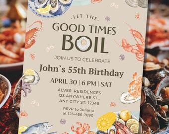 Editable Seafood Boil Birthday Invitation, Let The Good Times Boil Invite, Crab Crawfish Lobster, Canva