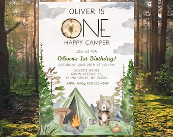 Editable Camping 1st Birthday Invitation, Happy Camper First Invite, Woodland Animals Forest, Canva