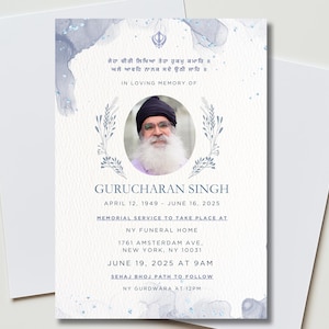 May include: A memorial card featuring a portrait of a man in a turban and glasses, framed by a floral wreath. The card includes text in English and another language, along with dates and location details. The background has blue watercolour accents.