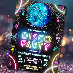 Editable Neon Disco Dance Birthday Invitation, Kids Glow Party Gender Neutral Invite, Music Disco Ball, Glow Crazy, Digital Canva Template