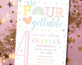 Editable 4th Birthday Girl Invitation, Unfourgettable Pastel Rainbow Fourth Birthday Party, Digital Download, Canva Template