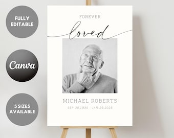Editable Funeral Sign Template, Forever Loved Poster, Printable Memorial Announcement Card, Rest in Peace, Electronic Invite, Canva Template