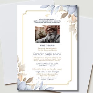 May include: A memorial invitation with a gold border and floral accents in muted blue and peach tones. The invitation includes a photo of a man and text in English and another language, announcing a memorial service.