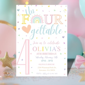 Invitación editable para el cuarto cumpleaños de una niña, inolvidable arcoíris pastel para el cuarto cumpleaños, fiesta del cuarto cumpleaños, descarga digital, plantilla de Canva