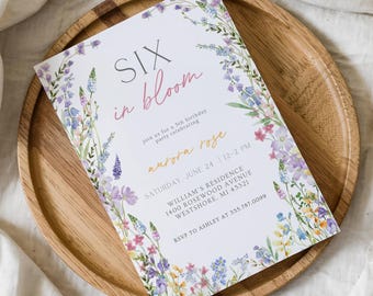 Editable Wildflower 6th Girl Birthday Invitation, Watercolor Invite, Elegant Wild Flower Spring Party, Floral Bloom Brunch, Canva Template