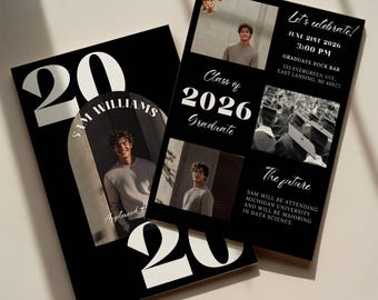 Editable Black Graduation Invitation Template, Modern Grad Party Announcement, Class Senior 2026