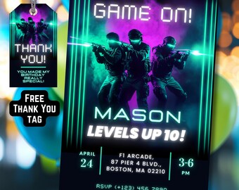 Editable Neon Laser Tag Birthday Invitation, Neon Green Blue Glow, Arcade Game Party, Canva