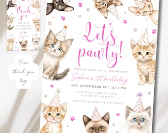 Editable Kitty Cat Birthday Invitation, Watercolor Meow Kitten Lets Pawty Invite, Cats Purrfect Party Hats, Digital Canva Template