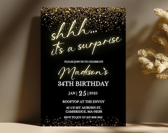 Editable Surprise Birthday Invitation, Shhh It's a Surprise, Black Gold Neon Modern Party Invite